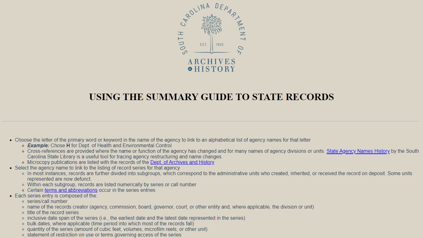 Using the SC Archives Summary Guide to State Records